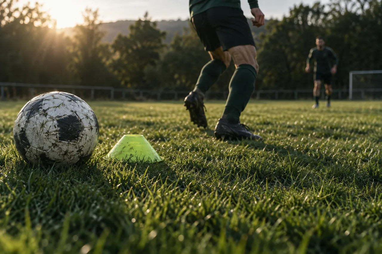 Imagen ilustrativa de un balón y un cono junto a futbolistas entrenando sobre césped