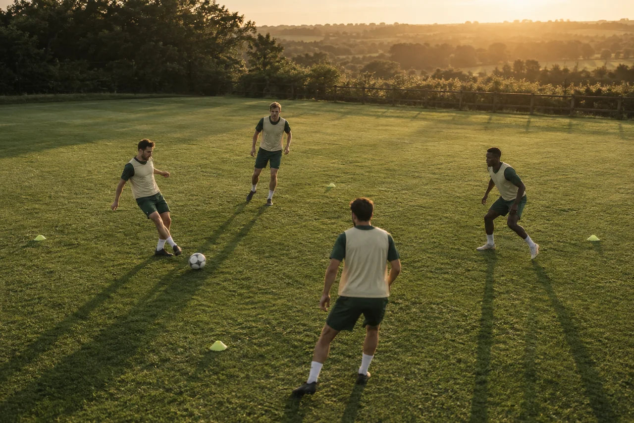 Imagen ilustrativa de cuatro futbolistas practicando pases con petos claros